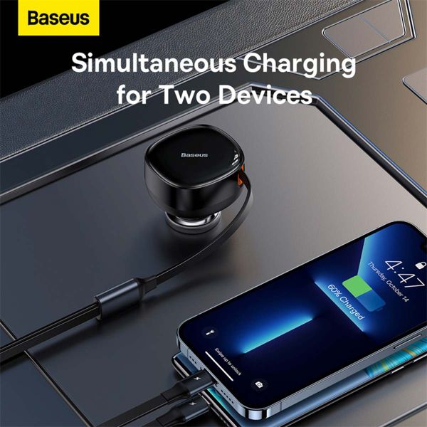 Baseus Enjoyment 2-in-1 | Fast Charge Autolader met uittrekbare USB-C- en Lightningkabel