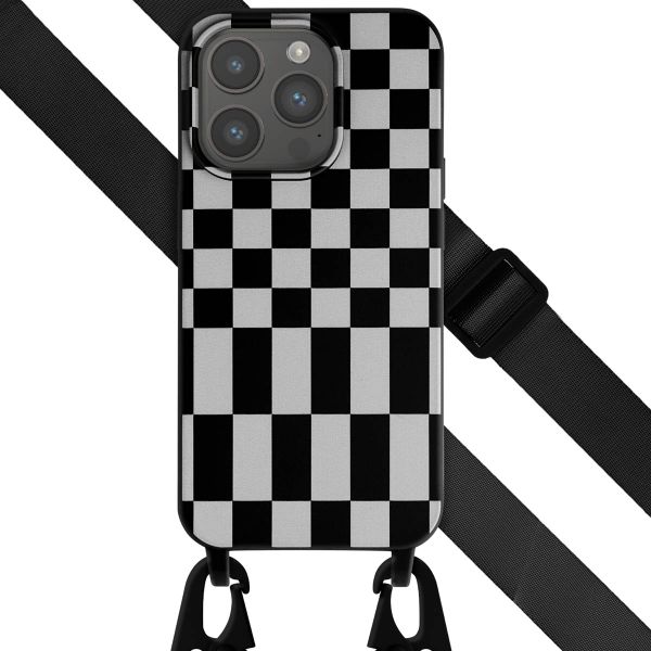 Selencia Siliconen design hoesje met afneembaar koord iPhone 15 Pro - Irregular Check Black