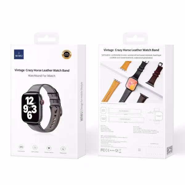 WiWu Vintage lederen band Apple Watch Series 1 t/m 9 / SE (38/40/41 mm) | Series 10 / 11 (42 mm) - Zwart