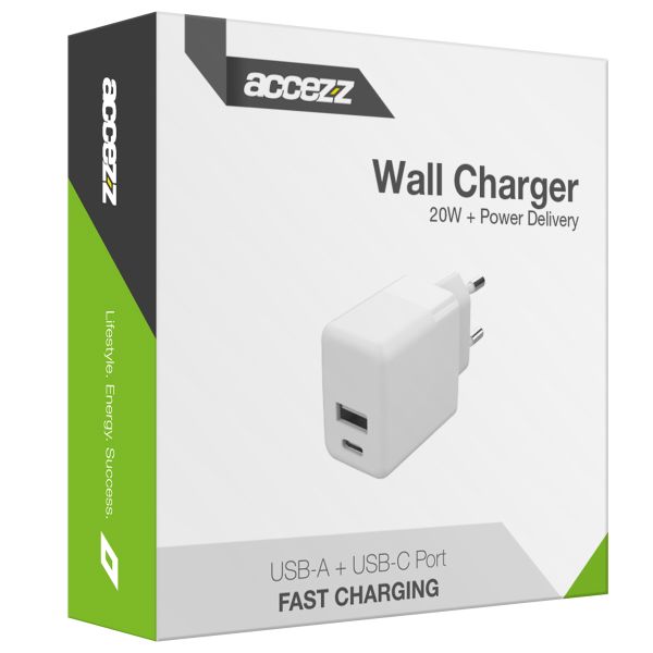 Accezz Wall Charger Samsung Galaxy S20 - Oplader - USB-C en USB aansluiting - Power Delivery - 20 Watt - Wit