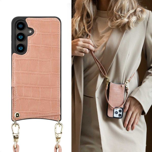 Selencia Nova Croco Telefoonhoes met Koord en Pashouder Samsung Galaxy S24 - Old Pink