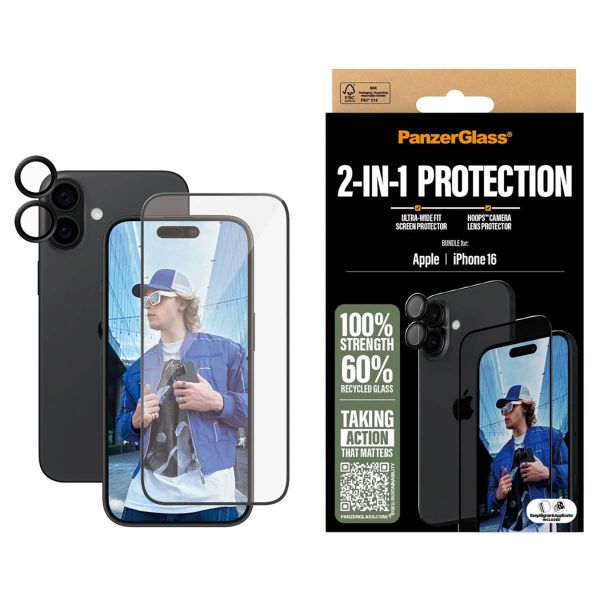 PanzerGlass 2 in 1 pack - Ultra-Wide Fit Anti-Bacterial Screenprotector incl. applicator + Camera Protector Apple iPhone 16