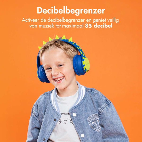 imoshion Kids Dino Bluetooth Headphones - Kinder koptelefoon met decibelbegrenzer - Draadloze koptelefoon + AUX kabel - Cobalt Blue / Lime