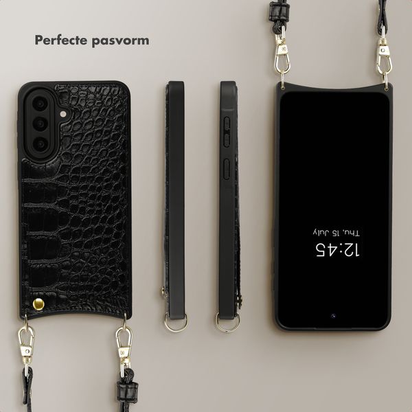 Selencia Nova Croco Telefoonhoes met Koord en Pashouder Samsung Galaxy A57 (5G) - Zwart