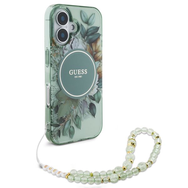 Guess MagSafe IML Flowers Case met beads strap Apple iPhone 16 - Green