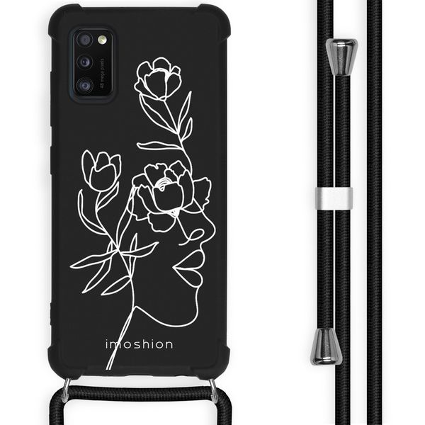 imoshion Design hoesje met koord Samsung Galaxy A41 - Abstract Gezicht Bloem - Zwart