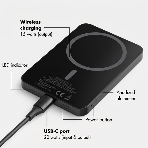 Selencia Vivid Powerbank 5,000 mAh - Wireless Powerbank - Compatible with MagSafe and Qi - Black / Happy Dots Burgundy