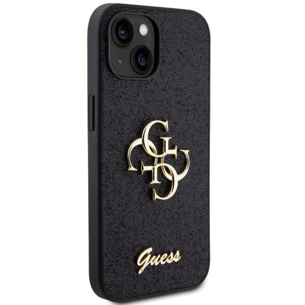 Guess 4G Metal Logo Glitter Backcover iPhone 15 - Zwart