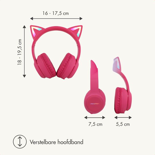 imoshion Draadloze Kinderkoptelefoon LED Light Cat Ear - Decibelbegrenzer - Met AUX kabel - Hot Pink