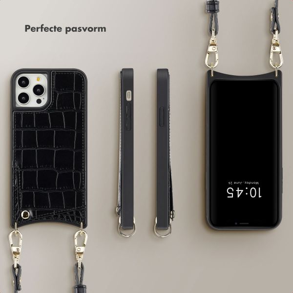 Selencia Nova Croco Backcover met koord en pashouder iPhone 12 (Pro) - Black