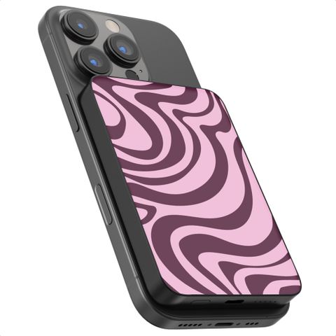 Selencia Vivid Powerbank 5,000 mAh - Wireless Powerbank - Compatible with MagSafe and Qi - Black / Wavy Swirl Pink Plum
