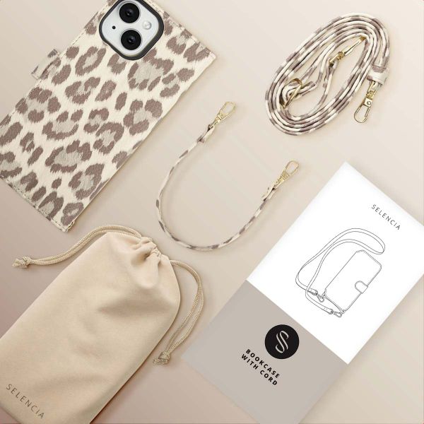 Selencia Sabi Bookcase with Leopard Print Apple iPhone 15 - Soft Ivory