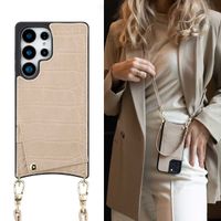 Selencia Nova Croco Telefoonhoes met Koord en Pashouder Samsung Galaxy S25 Ultra - Beige