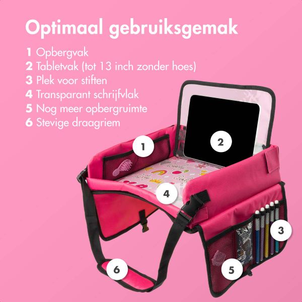 imoshion Reistafel - tablethouder auto - 7 opbergvakken - inclusief 2 kleurplaten - Roze