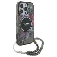 Guess MagSafe IML Flowers Case met beads strap Apple iPhone 16 Pro - Zwart