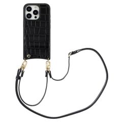Selencia Nova Croco Phone Case with Cord and Card Holder Apple iPhone 16 Pro - Black