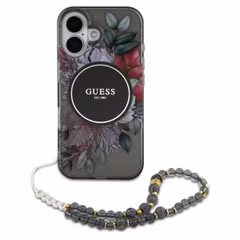 Guess MagSafe IML Flowers Case met beads strap Apple iPhone 16 - Zwart