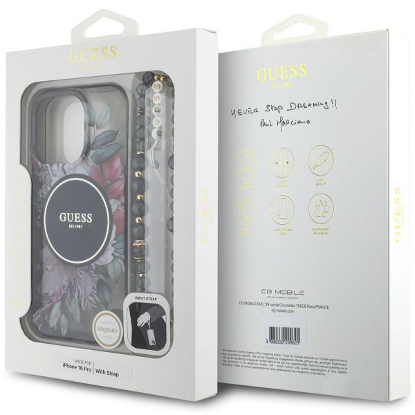Guess MagSafe IML Flowers Case met beads strap Apple iPhone 16 Pro - Zwart