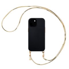 Selencia Rivièra MagSafe Backcover met afneembare haakjes voor de Apple iPhone 15 - Velvet Black + Sleek Chain (130 cm) - Gold