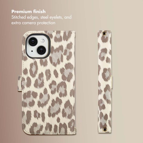 Selencia Sabi Bookcase with Leopard Print Apple iPhone 15 - Soft Ivory