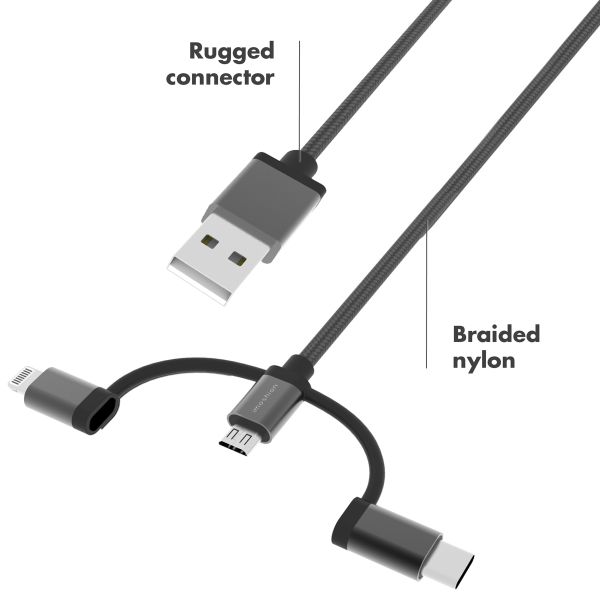 imoshion 3-in-1 kabel - Lightning, USB-C en Micro-USB kabel - Gevlochten textiel - 1,5 meter - Zwart