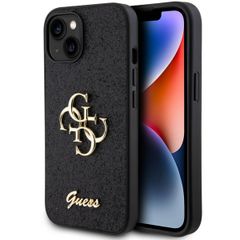 Guess 4G Metal Logo Glitter Backcover Apple iPhone 15 - Zwart