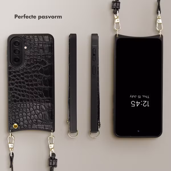Selencia Nova Croco Telefoonhoes met Koord en Pashouder Samsung Galaxy A37 (5G) - Zwart