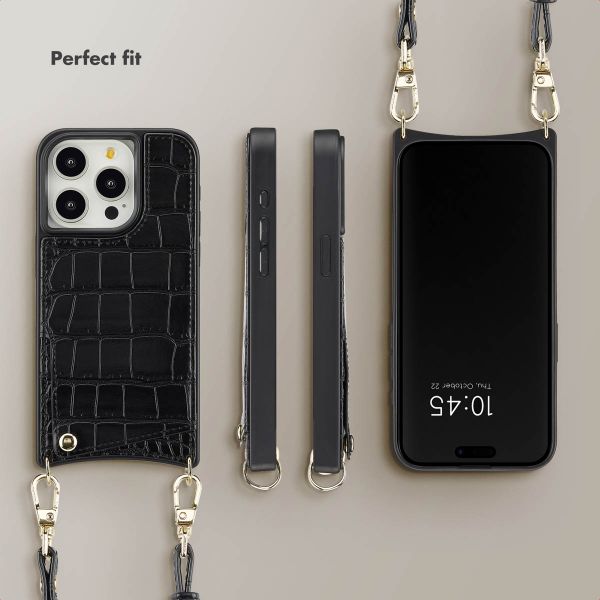 Selencia Nova Croco Phone Case with Cord and Card Holder Apple iPhone 15 Pro - Black