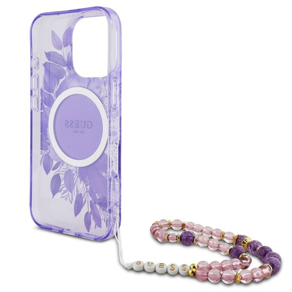 Guess MagSafe IML Flowers Case met beads strap iPhone 16 Pro Max - Purple