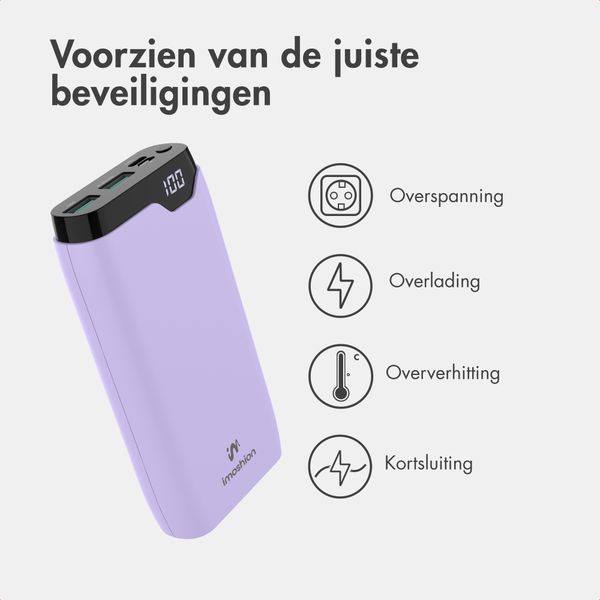 imoshion Powerbank 20.000 mAh - 22,5W Snellader - USB-C / USB-A - Lila