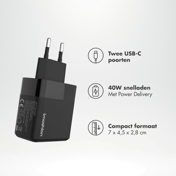 imoshion Oplader - 2x USB-C 40W + Braided USB-C naar USB-C kabel 100W - 1 meter - Zwart