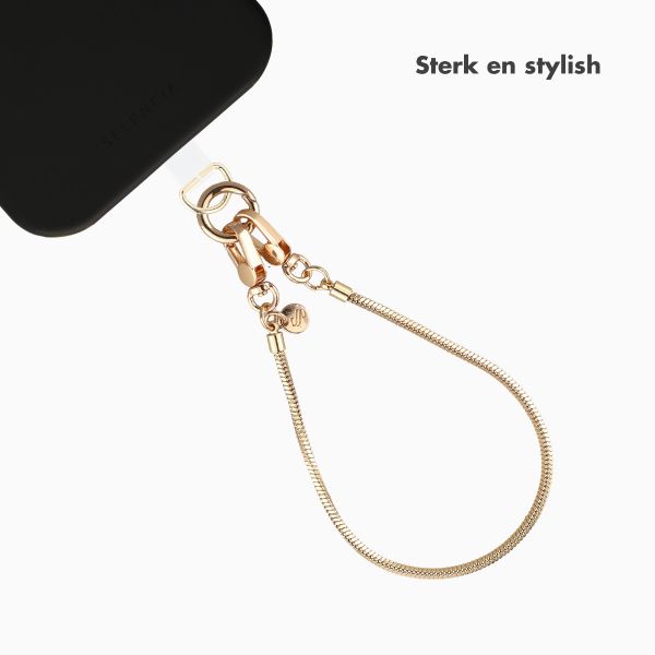 Selencia Rivièra MagSafe Backcover met afneembare haakjes voor de Apple iPhone 16 Pro - Velvet Black + Sleek Chain Polskoord - Gold