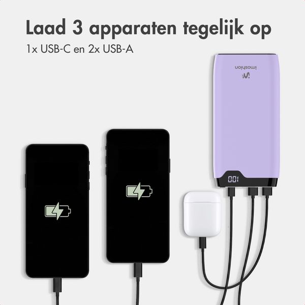 imoshion Powerbank 20.000 mAh - 22,5W Snellader - USB-C / USB-A - Lila