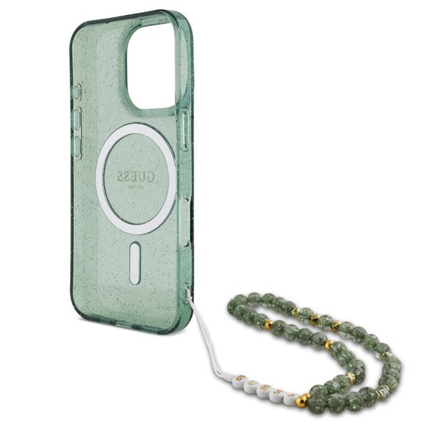 Guess MagSafe IML Glitter Case met beads strap Apple iPhone 16 Pro - Green