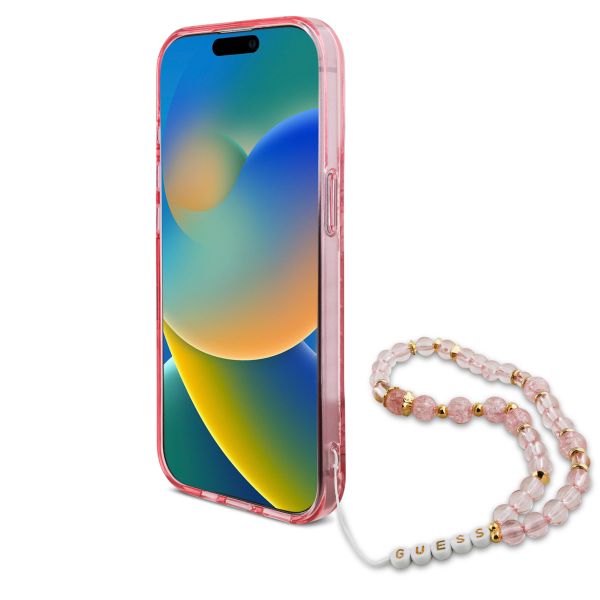 Guess MagSafe IML Flowers Case met beads strap Apple iPhone 15 Pro - Pink