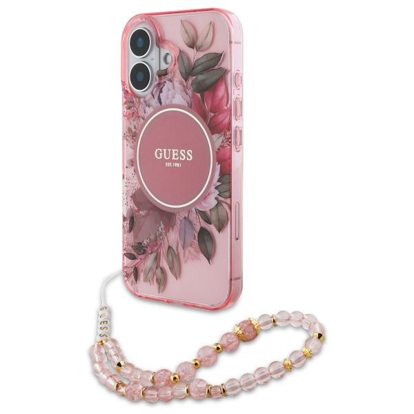 Guess MagSafe IML Flowers Case met beads strap Apple iPhone 16 - Pink