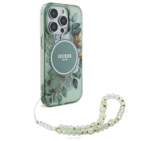 Guess MagSafe IML Flowers Case met beads strap Apple iPhone 15 Pro Max - Green