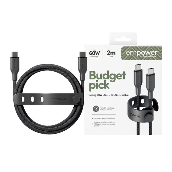Empower by PanzerGlass Racing USB-C naar USB-C Oplaadkabel - 60W - 2 meter - Space Black