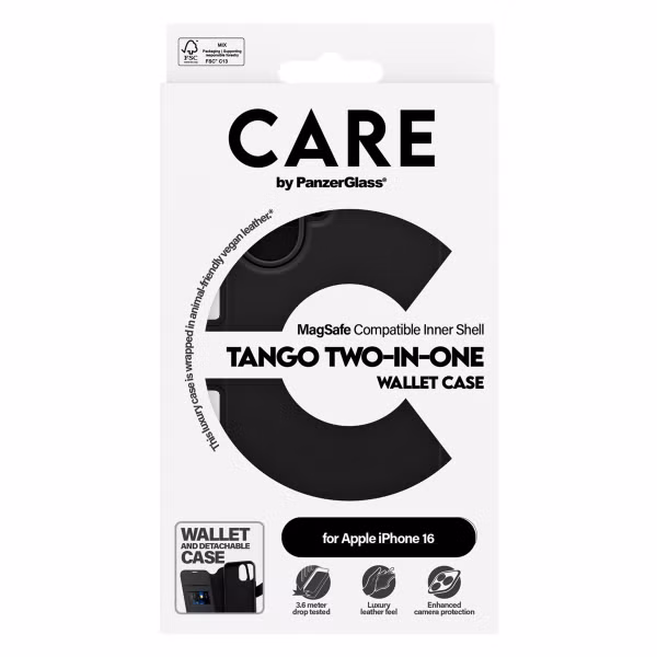 CARE by PanzerGlass Tango 2 in 1 Wallet Case MagSafe Apple iPhone 16 - Zwart