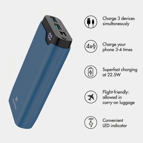 imoshion Power bank 20,000 mAh - 22.5W Fast charger - USB-C / USB-A - Blue