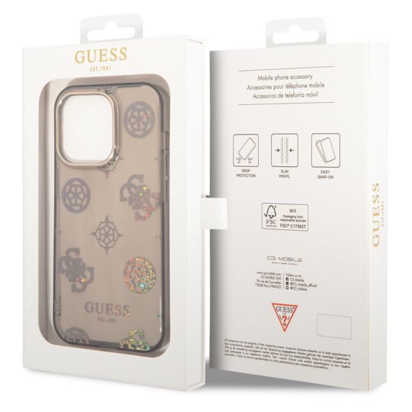 Guess Peony Glitter Backcover iPhone 14 Pro - Zwart