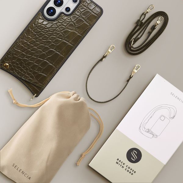 Selencia Nova Croco Phone Case with Cord and Card Holder Samsung Galaxy S26 Ultra - Dark Olive