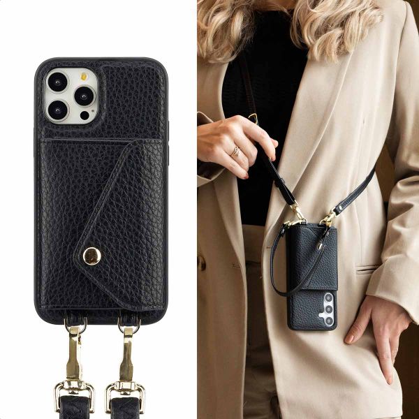 Selencia Sera Phone Case with Cord and Envelope Card Holder Apple iPhone 12 (Pro) - Black