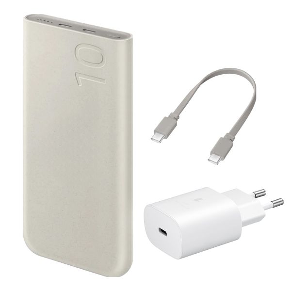 Samsung Originele Powerbank Bundel | Samsung Galaxy Batterij Pack 10.000 mAh - 2x USB-C - Beige + Samsung 25 Watt USB-C Adapter - Wit