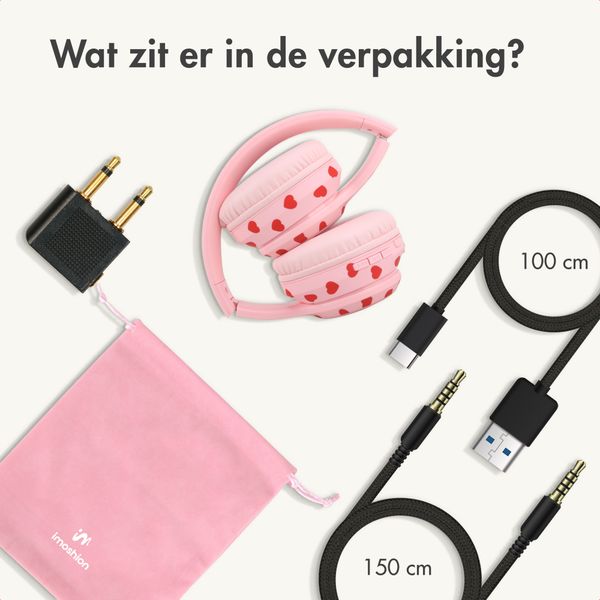 imoshion Draadloze Kinderkoptelefoon LED Light - Decibelbegrenzer - Met AUX kabel - Hartjes