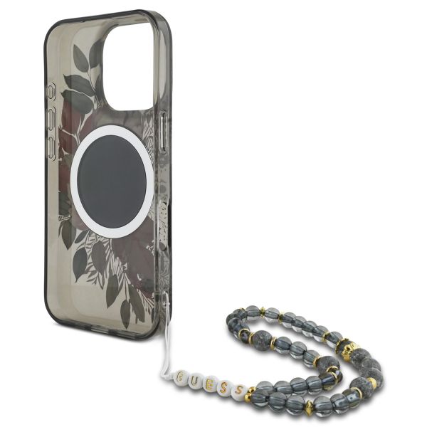 Guess MagSafe IML Flowers Case met beads strap Apple iPhone 16 Pro Max - Zwart