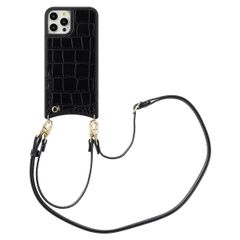 Selencia Nova Croco Phone Case with Cord and Card Holder Apple iPhone 12 (Pro) - Black