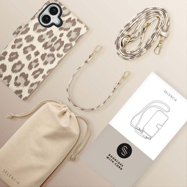 Selencia Sabi Bookcase with Leopard Print Apple iPhone 16 - Soft Ivory