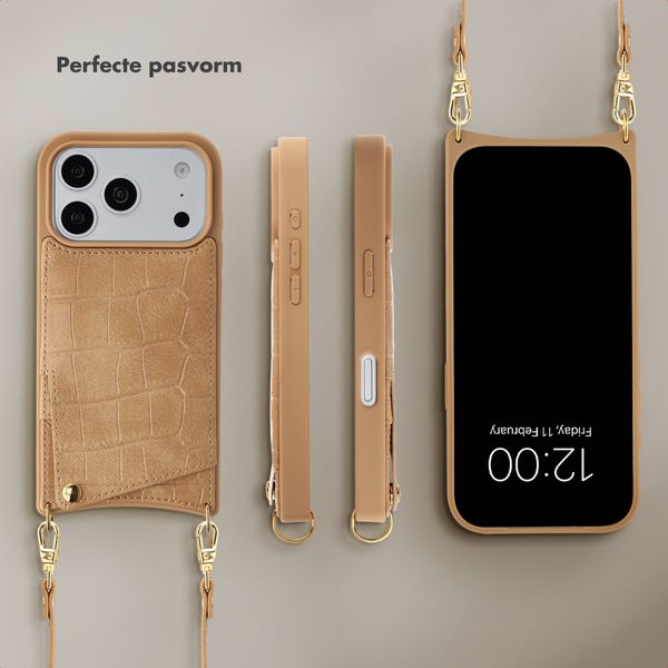 Selencia Nova Croco Telefoonhoes met Koord en Pashouder Apple iPhone 18 Pro / 17 Pro - Toasted Almond