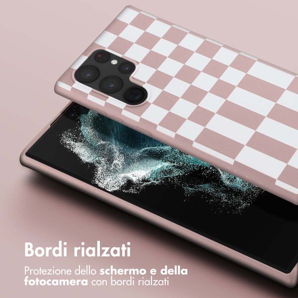 Selencia Siliconen design hoesje met afneembaar koord Samsung Galaxy S22 Ultra - Irregular Check Sand Pink